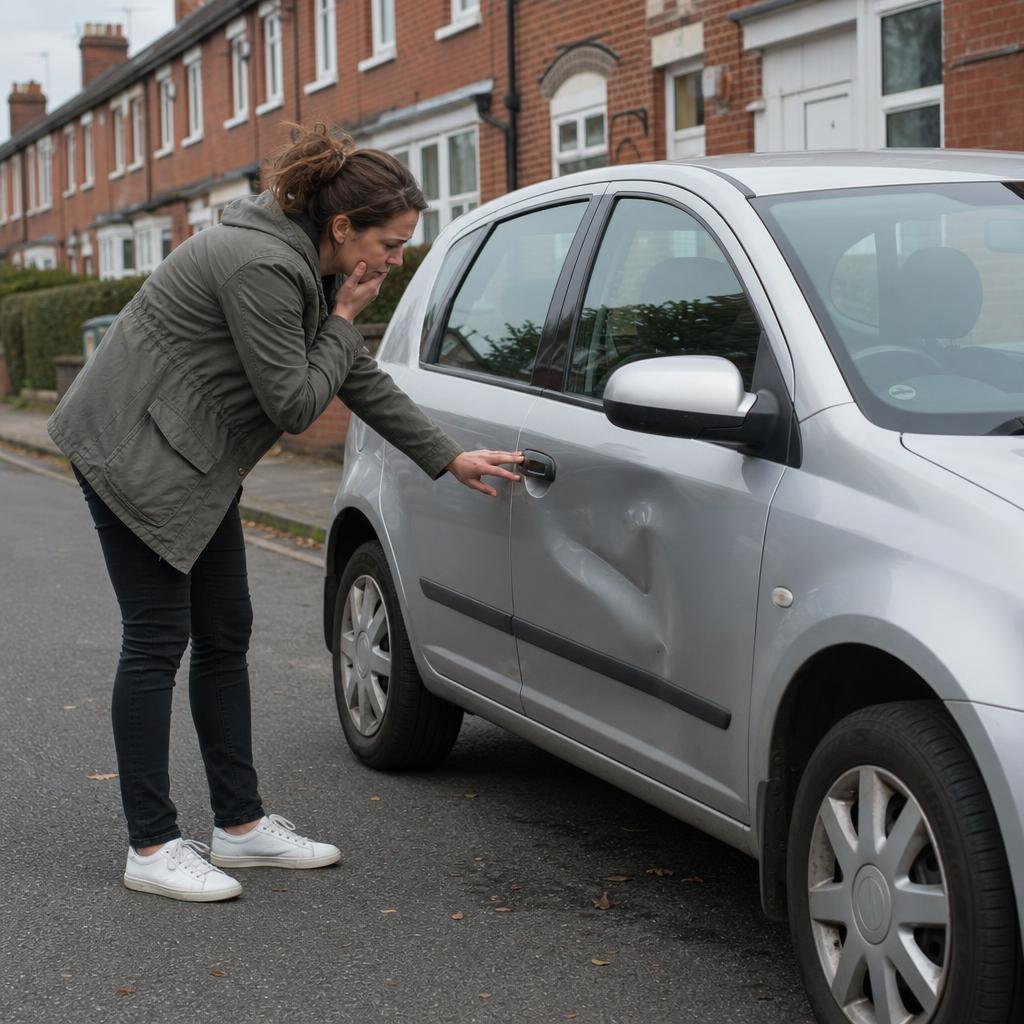 Worried customer inspecting a dent in her car door on a UK street