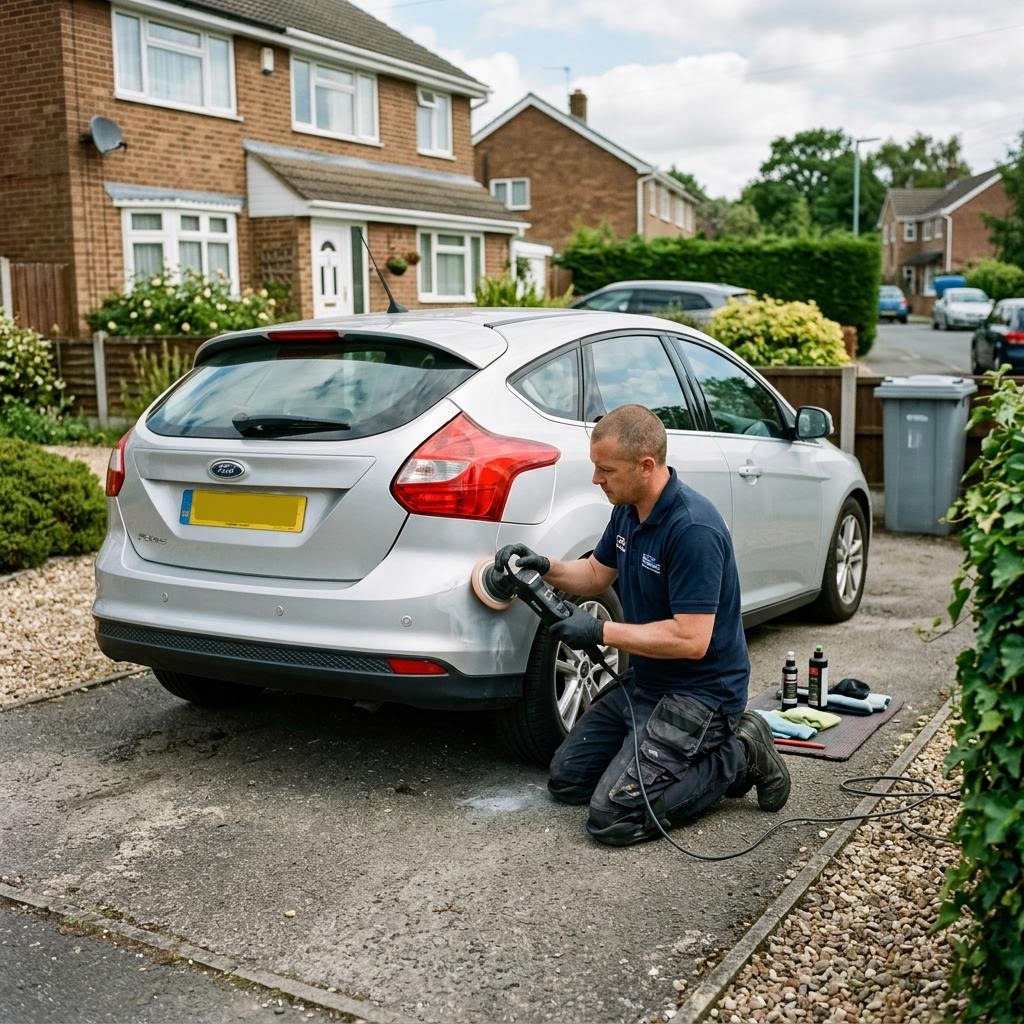 Technician polishing a repaired bumper scuff