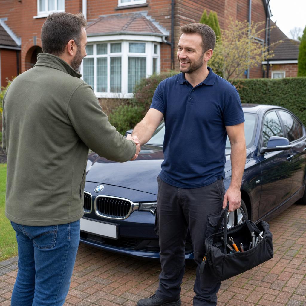 Technician greeting a customer on their driveway in front of a BMW