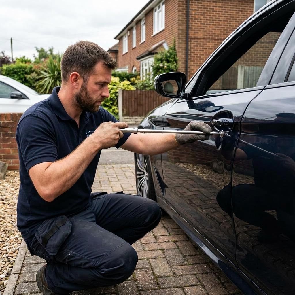 Technician removing a door dent with paintless dent repair tools